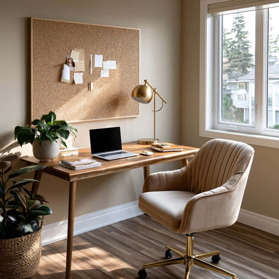 The modern home office is getting simpler—and that's a good thing.

As more of our work becomes digital, we need less furniture and more clarity.

Gone are the days of oversized desks filled with drawers, cabinets, and piles of paperwork. Today's most inspiring workspaces focus on what truly matters: space to think, create, and focus.

At Elegant & Driven, we love starting with a simple formula:

✨ A grounding wooden desk
✨ A comfortable velvet chair
✨ A cork inspiration board
✨ A few plants for life and energy

That's it.

The beauty of a simple desk is that it creates room for ideas. It doesn't compete for attention. It allows your laptop, notebook, current project, and creativity to take center stage.

And then there's the cork board.

Think of it as a visual extension of your mind.

Pin ideas, goals, sketches, quotes, reminders, travel inspiration, dream projects, or the next big thing you're working toward. Sometimes seeing your ideas every day is what helps turn them into reality.

The velvet chair adds softness and comfort, while the natural wood desk brings warmth and grounding energy. Together, they create a workspace that feels productive without feeling corporate.

Add a few plants if you're a plant lover, let natural light fill the room, and suddenly work feels less like a task and more like a creative practice.

Because the best home offices aren't necessarily the biggest.

They're the ones that help you do your best work.

#HomeOffice #ElegantAndDriven #WorkspaceDesign #DeskSetup #WorkFromHome 

 #LTKHome