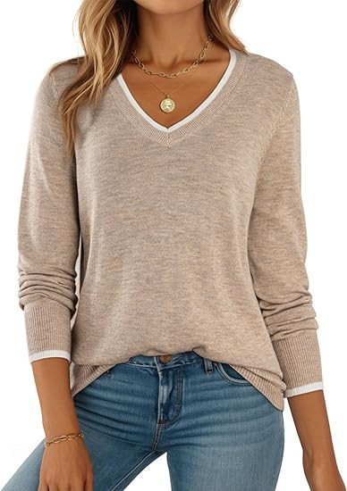 Dokotoo Womens Sweaters Dressy Casual Long Sleeve V Neck Lightweight Ribbed Knit Wool Pullover Ju... | Amazon (US)