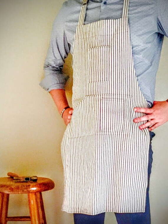 Blue and White Classic Pinstriped Men's tough Full Cooking or Utility Ticking Fabric Apron with mult | Etsy (US)