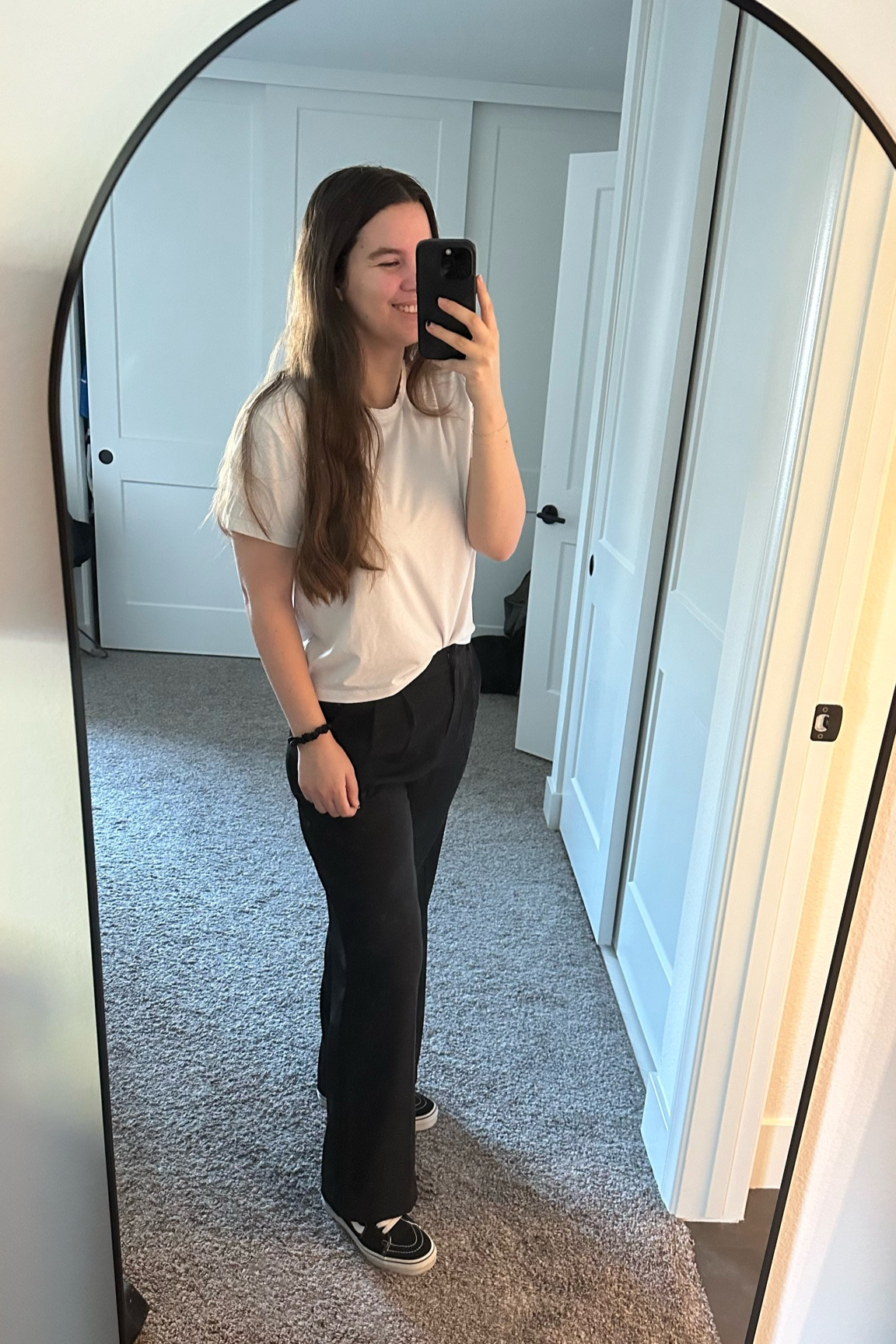 My new go to casual work outfit featuring a basic white cropped shirt from Cuts Clothing and black wide leg trousers with Vans high top sneakers. So obsessed with anything from Cuts!