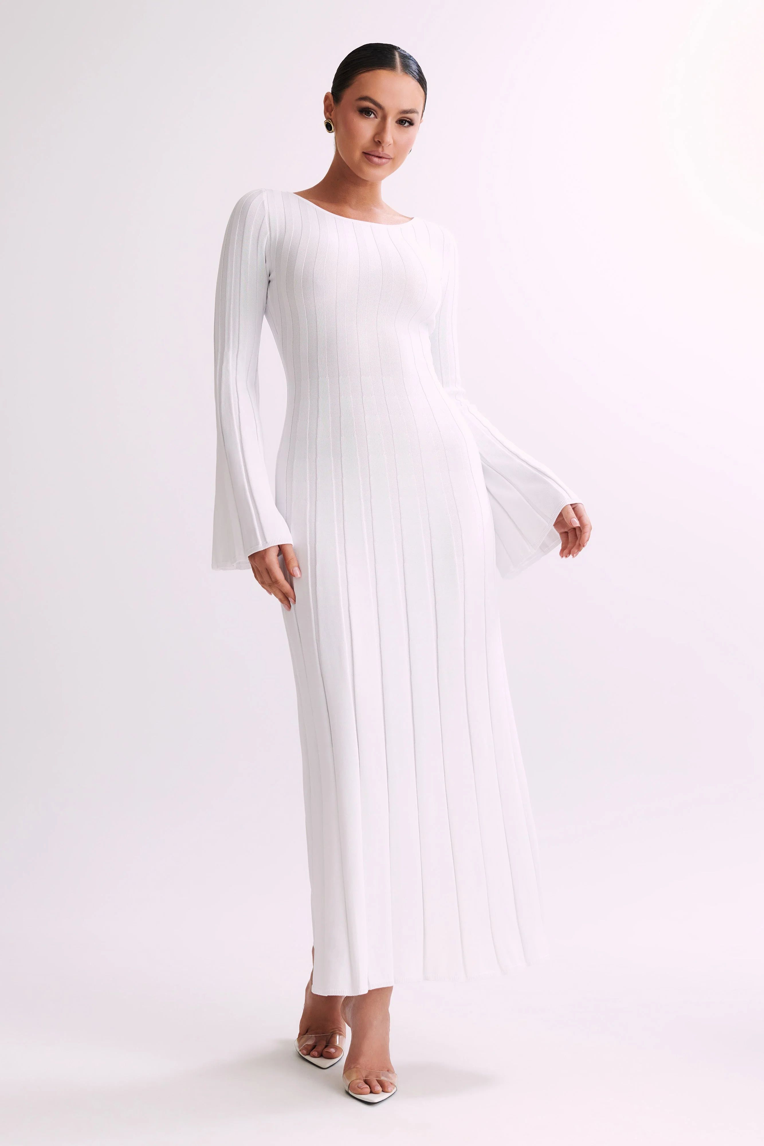 Mabel Long Sleeve Knit Maxi Dress - White | MESHKI US