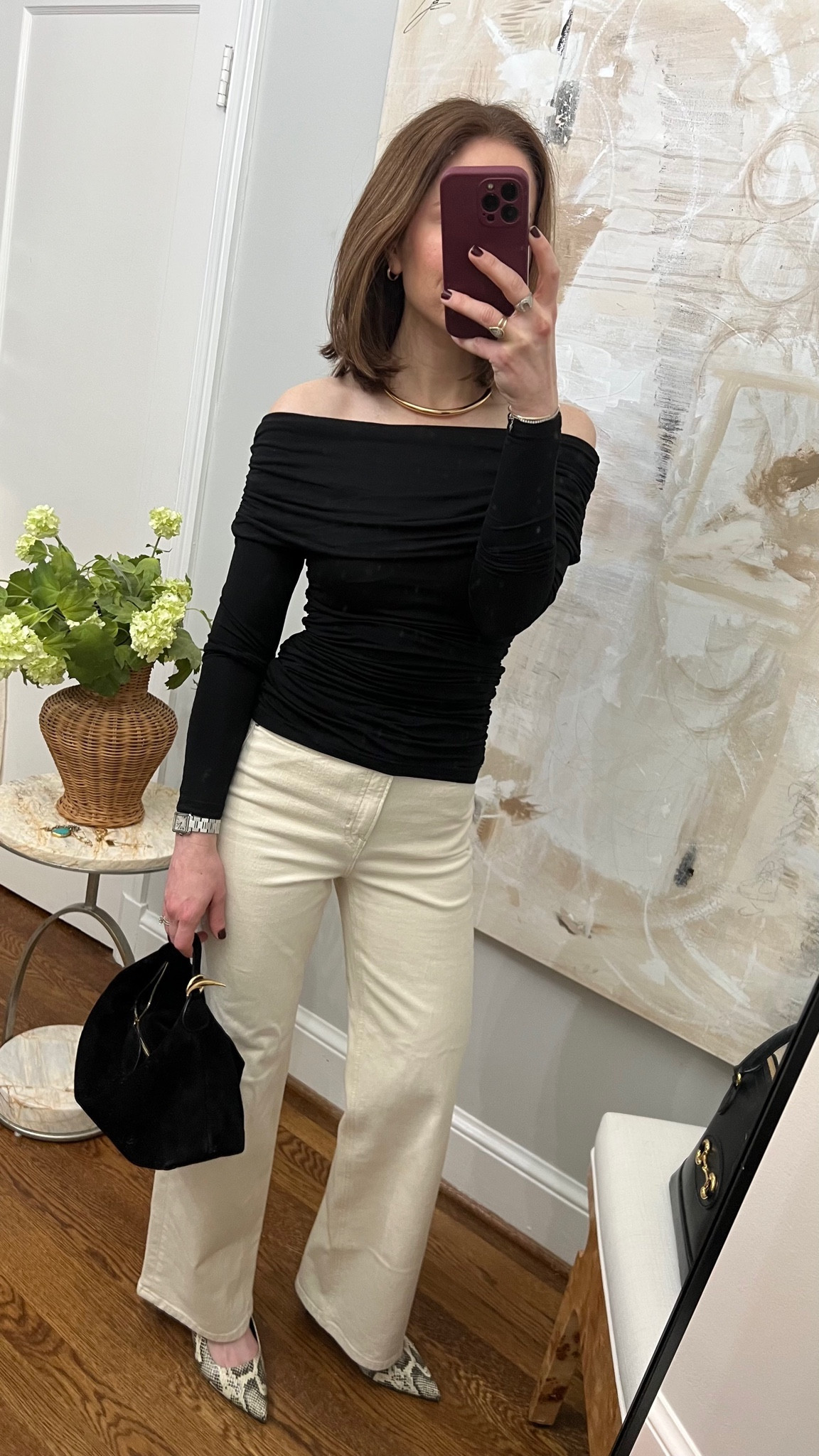 Aligne black off the shoulder top (KELLY-20 to save)
AYR ecru jeans
Little Liffner black suede pouch
Aeyde shoes (limited sizes, similar options linked)
Jenny Bird necklace (similar linked)

Winter outfit
Date night style
Going out top

#LTKstyletip