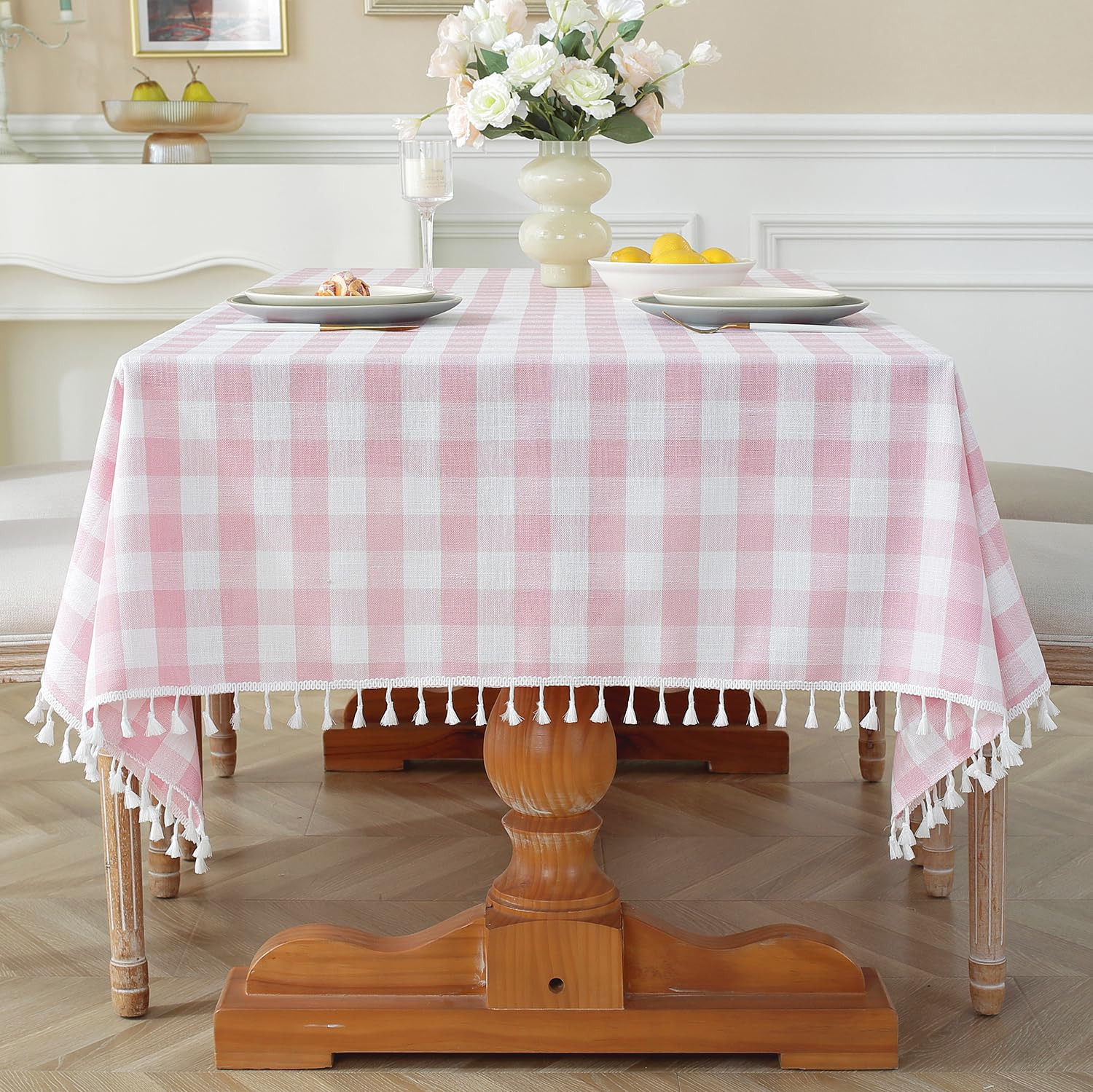 Laolitou Spring Pink Checkered Tablecloth Square Washable Buffalo Plaid Table Cloth with Tassel C... | Amazon (US)