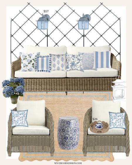 Traditional, chintz, and chinoiserie inspired outdoor furniture set up for classic and traditional homes. With trellises, wicker furniture, and beautiful floral outdoor pillows, this set up is beautiful and calming!

#LTKHome #LTKSeasonal