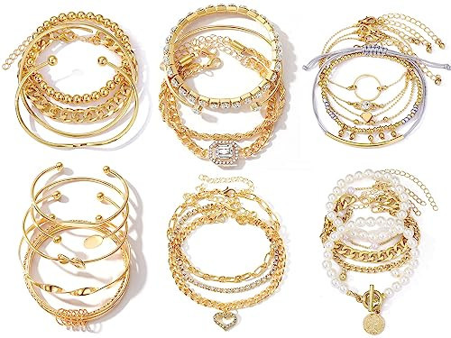 IFKM 6 Pack (27 Pcs) 14K Gold Plated Stackable Open Cuff Bangle Chain Bracelets Set for Women | Amazon (US)