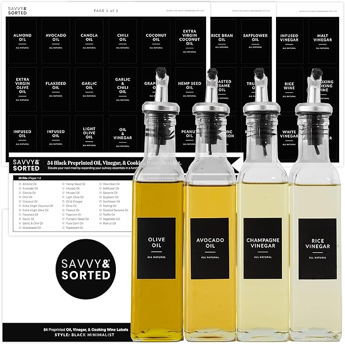 Black Oil Bottle Labels, 54 Preprinted Pantry Stickers for Oils and Vinegar Dispenser Glass Bottl... | Amazon (US)