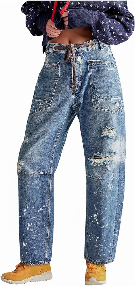 LifeShe Women's Baggy Barrel Jeans Casual Boyfriend Mid Rise Drawstring Wide Leg Denim Pants | Amazon (US)