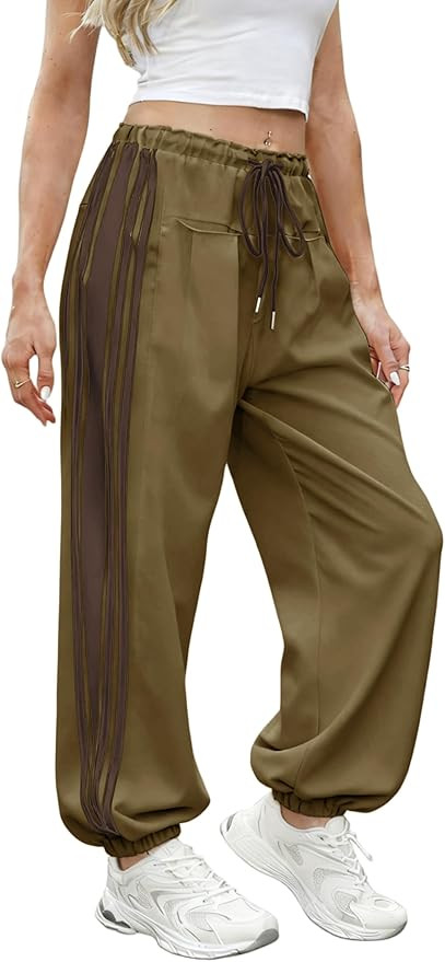 Hongsui Women's Baggy Side Striped Pants Color Block Jogger Pants High Waist Drawstring Harem Pan... | Amazon (US)