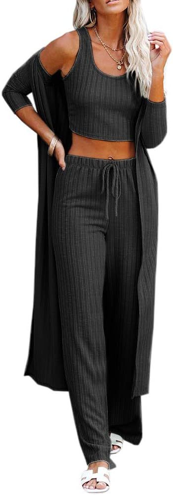 Womens Pajamas Set Spring 3 Piece Loungewear Set Crop Vest Top Loose Pants and Cardigan Knitwear ... | Amazon (US)