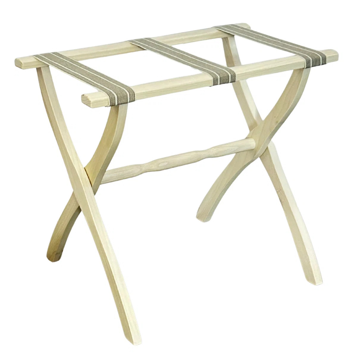 Whitewash Wood Contour Leg Luggage Rack With 3 Light Grey Dual Stripe Straps | Wayfair North America