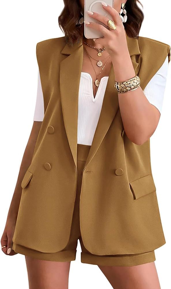 KIRUNDO Women's Summer Two Piece Sets Casual Sleeveless Blazer Shorts Suit Set 2024 Fashion Dress... | Amazon (US)