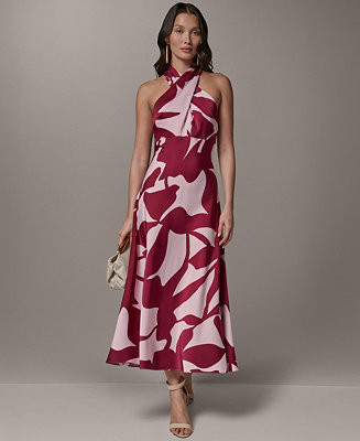Women's Halter Neck Printed Satin A-Line Dress | Macy's