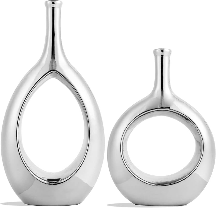 SANFERGE Set of 2 Silver Ceramic Flower Vase, Hollow Oval Vase for Home Décor Office Decoration,... | Amazon (US)