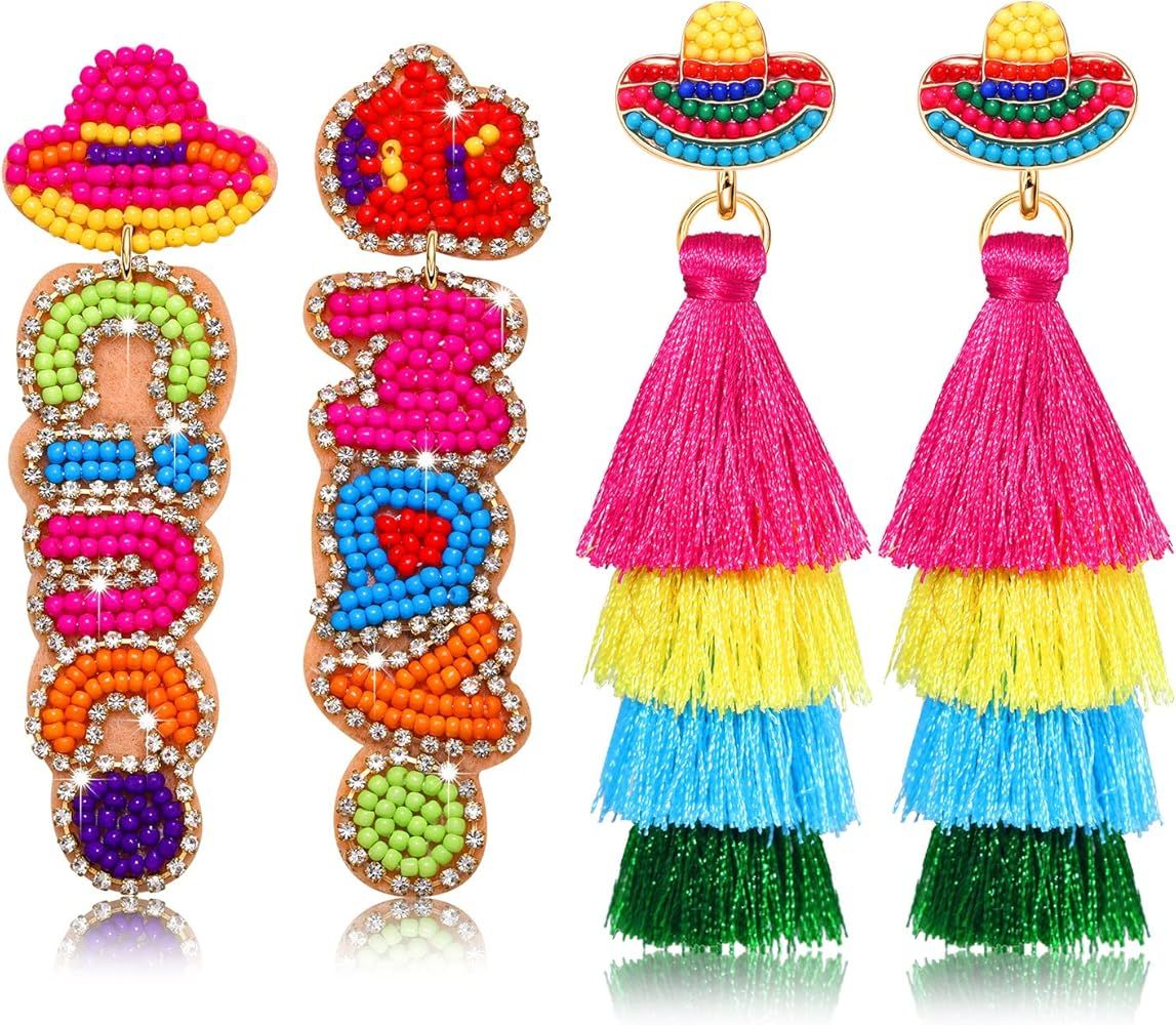 2 Pairs Mexican Earrings Cinco De Mayo Earrings for Women, Beaded Fiesta Earrings Piñata Sombrer... | Amazon (US)