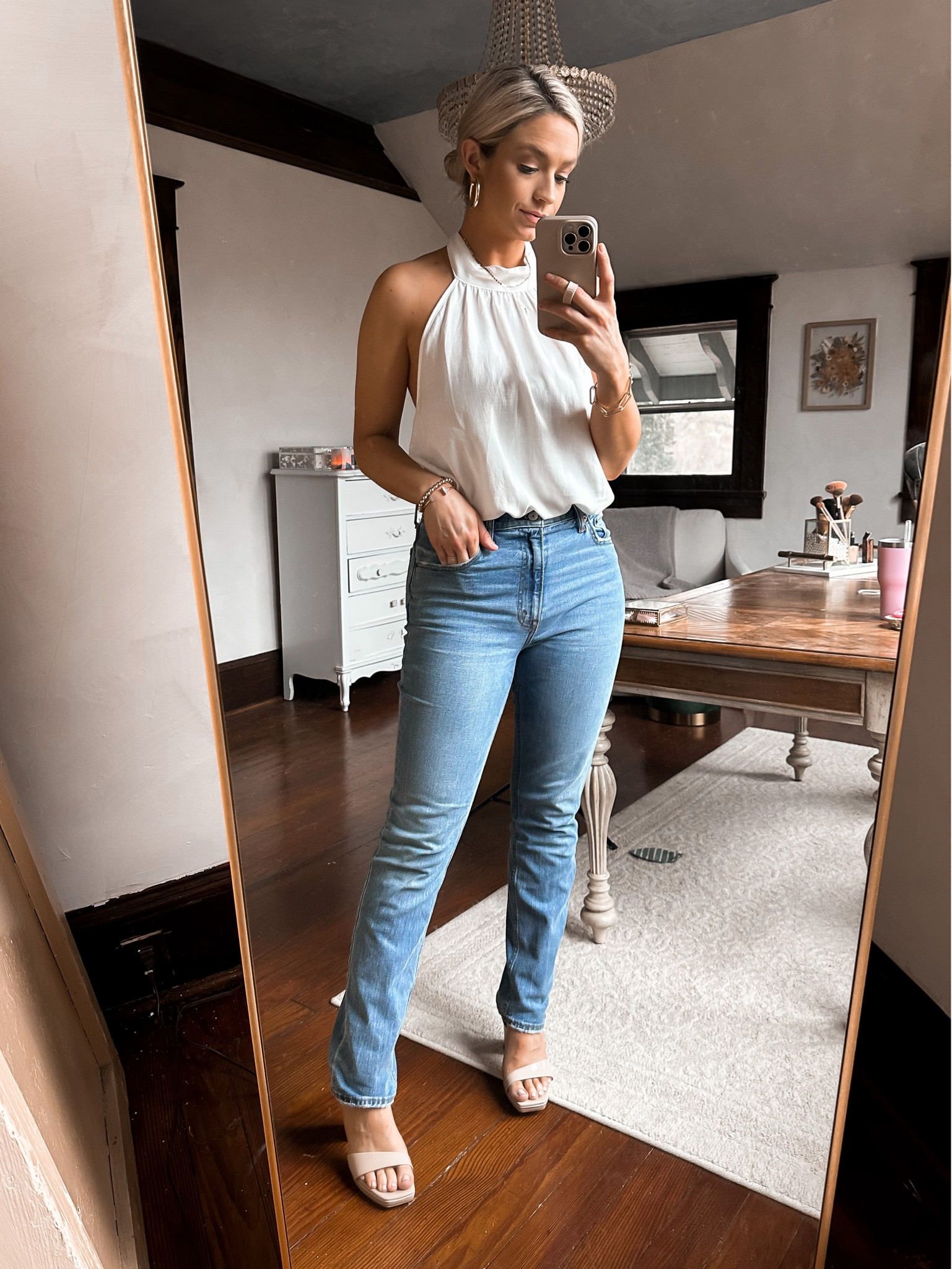 Flowy linen halter top, size S (20% off ALEXIS20)
Abercrombie slim straight jeans
Nude patent heels 


#LTKFind