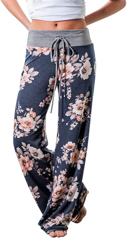 AMiERY Women's Comfy Casual Pajama Pants Floral Print Drawstring Palazzo Lounge Pants Wide Leg | Amazon (US)