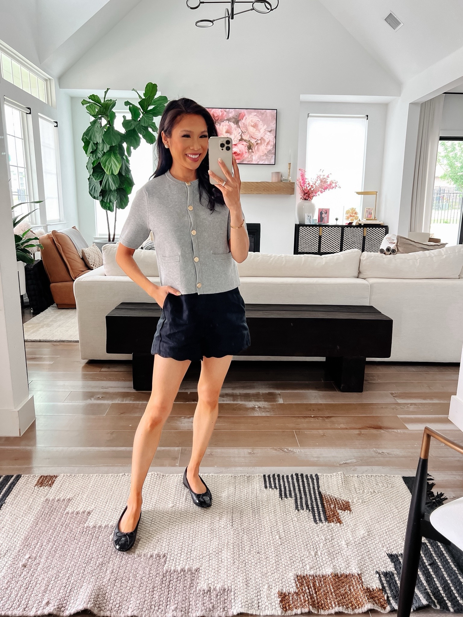 Spring smart casual outfit with scallop hem shorts paired with short sleeve gray sweater jacket that is so pretty and comfy! Wearing size XS in the top and size 25 in the bottoms. I appreciate the bottoms because they have pockets and made out of 100% linen! Top is on sale for 20% off! 

#LTKStyleTip #LTKSeasonal #LTKSaleAlert