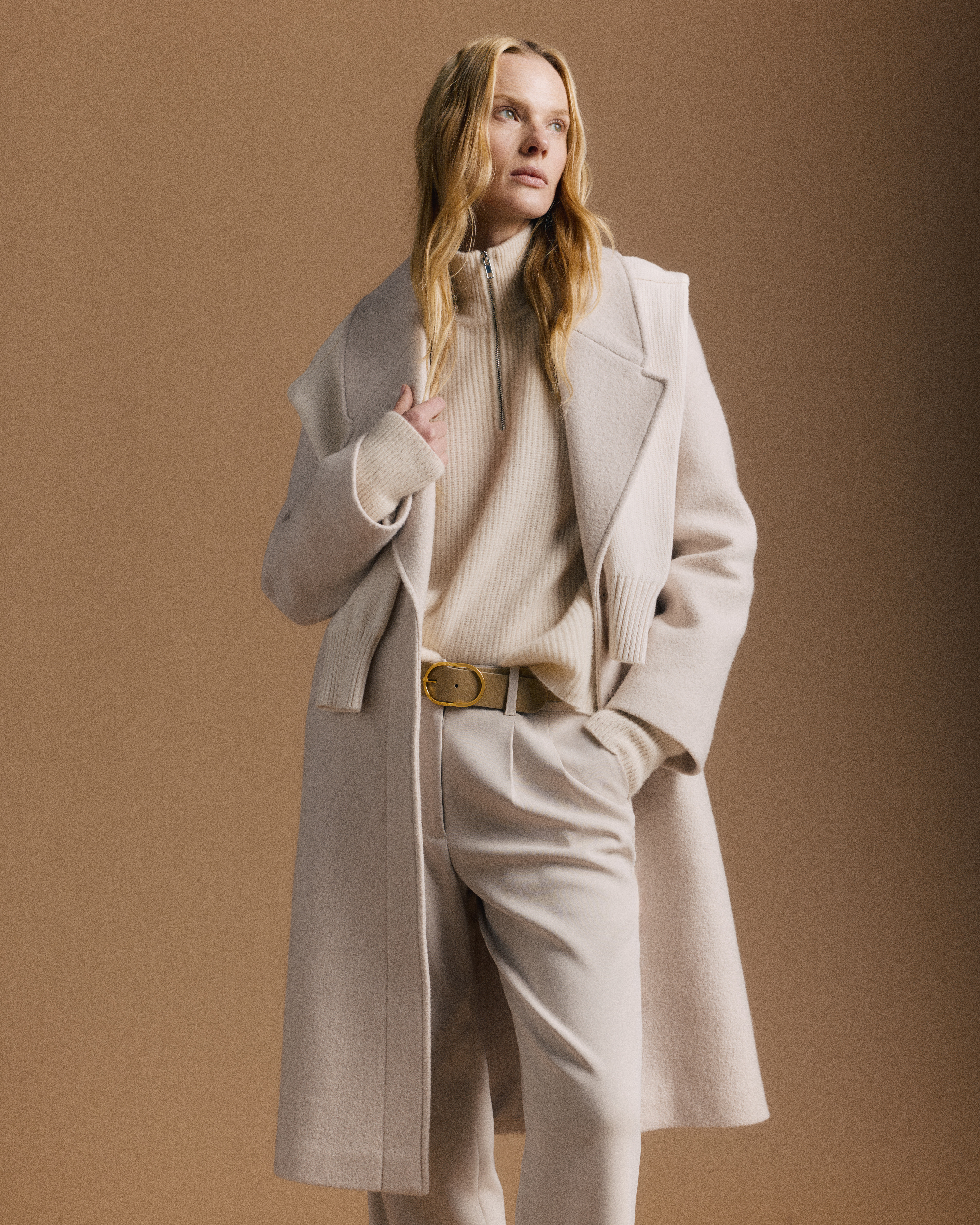 Quince | Women's 100% Merino Wool Shawl Collar Long Coat in Heather Bone, Size Small | Quince