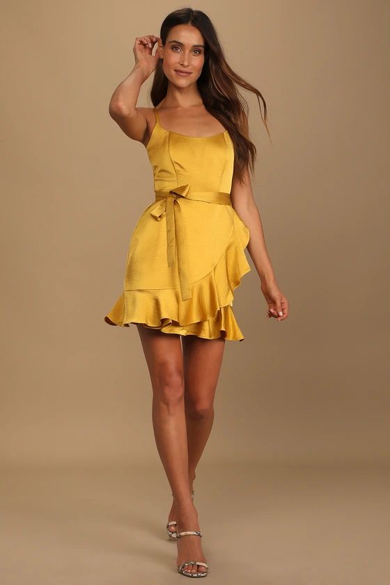 Glamourous Lifestyle Mustard Yellow Satin Faux-Wrap Mini Dress | Lulus (US)