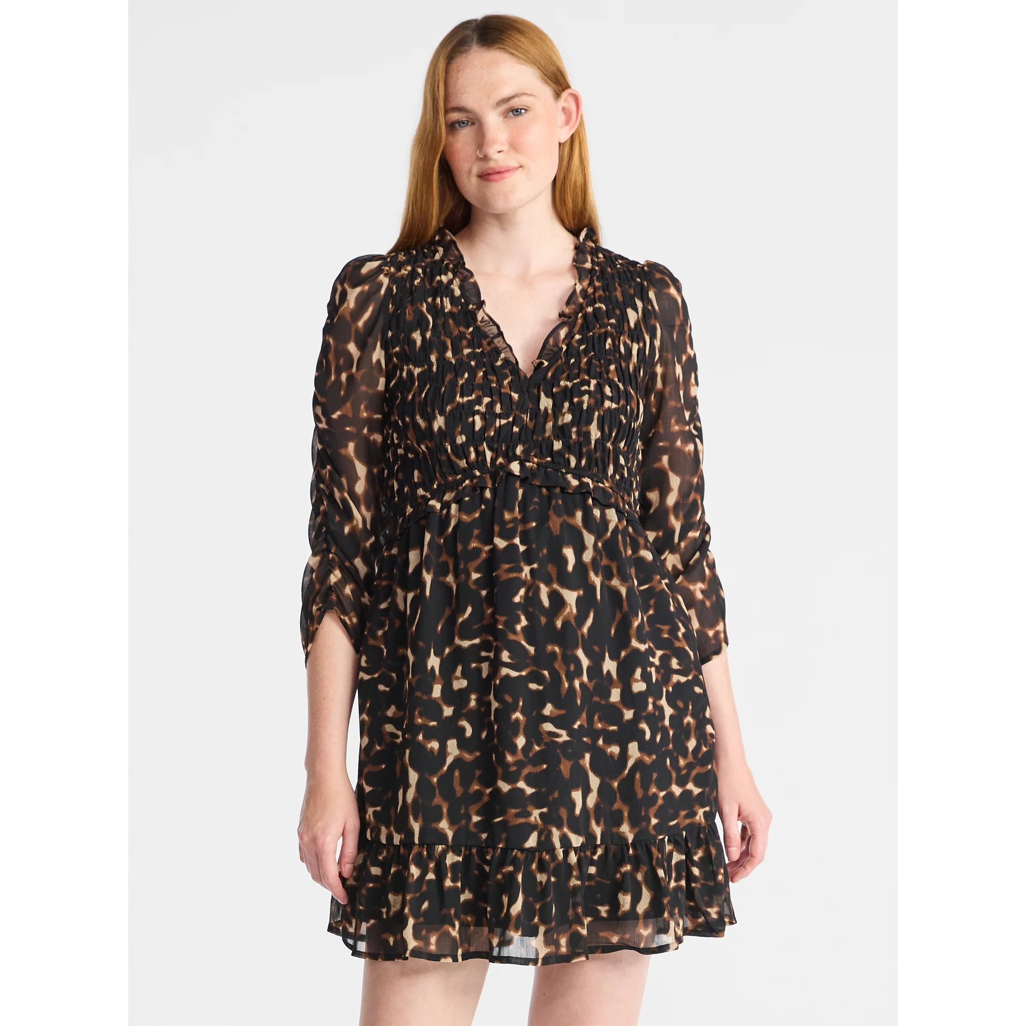 Time and Tru Women's Smocked Chiffon Mini Dress with Long Sleeves, Sizes XS-XXXL - Walmart.com | Walmart (US)