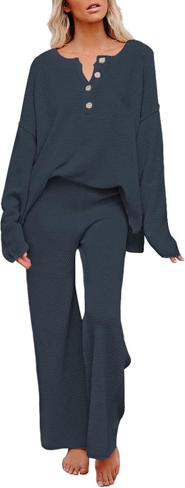 Viottiset Women's 2 Piece Outfits Sweatsuit Knit Long Sleeve Sweater Wide Leg Pants Loungewear | Amazon (US)
