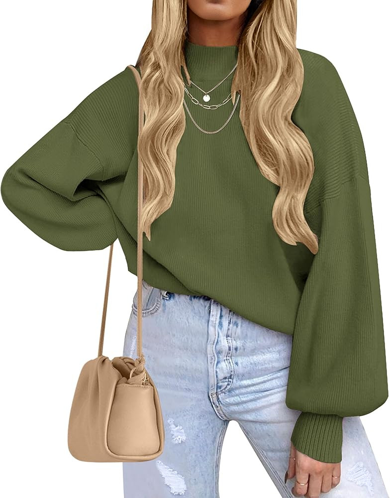 ZESICA Women's Casual Turtleneck Long Lantern Sleeve Fall 2026 Oversized Ribbed Knit Pullover Swe... | Amazon (US)
