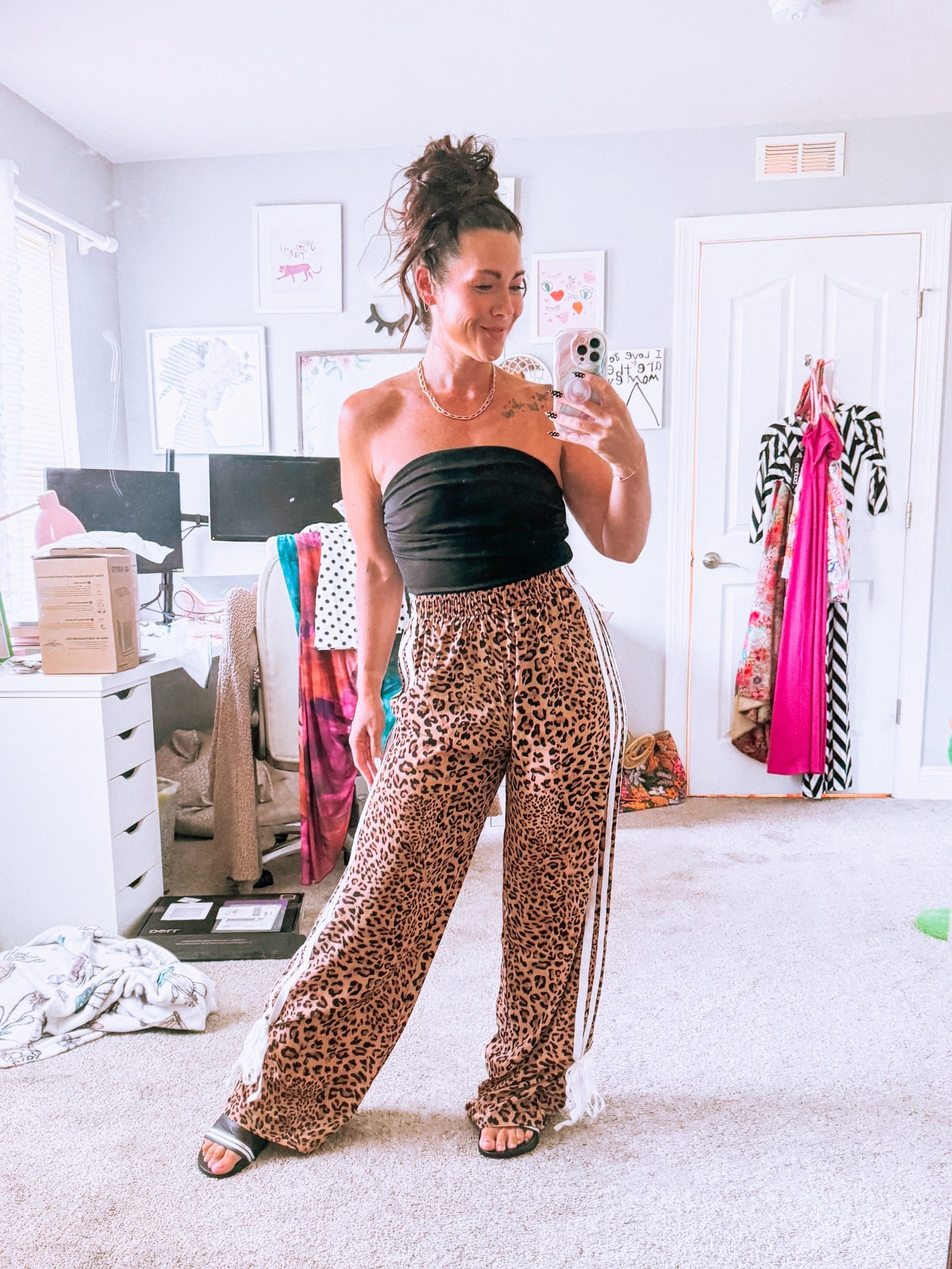 Total 90s vibes with these adidas inspired cheetah pants 😍 This tube top bodysuit is SO good - it has grip at the top so it doesn’t slip, and the ruching is so flattering.

Medium in both.

#LTKStyleTip #LTKOver40 #LTKFindsUnder50