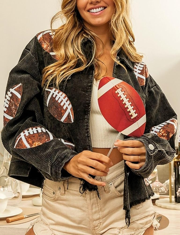 happlan Football Sequin Embroidery Rugby Cropped Frayed Hem Vintage Washed Corduroy Jacket Coat S... | Amazon (US)