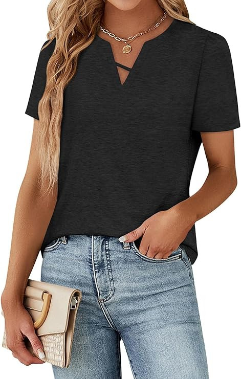 Summer Boho Tops for Women Trendy Short Sleeve V Neck T Shirts Dressy Casual Blouses | Amazon (US)