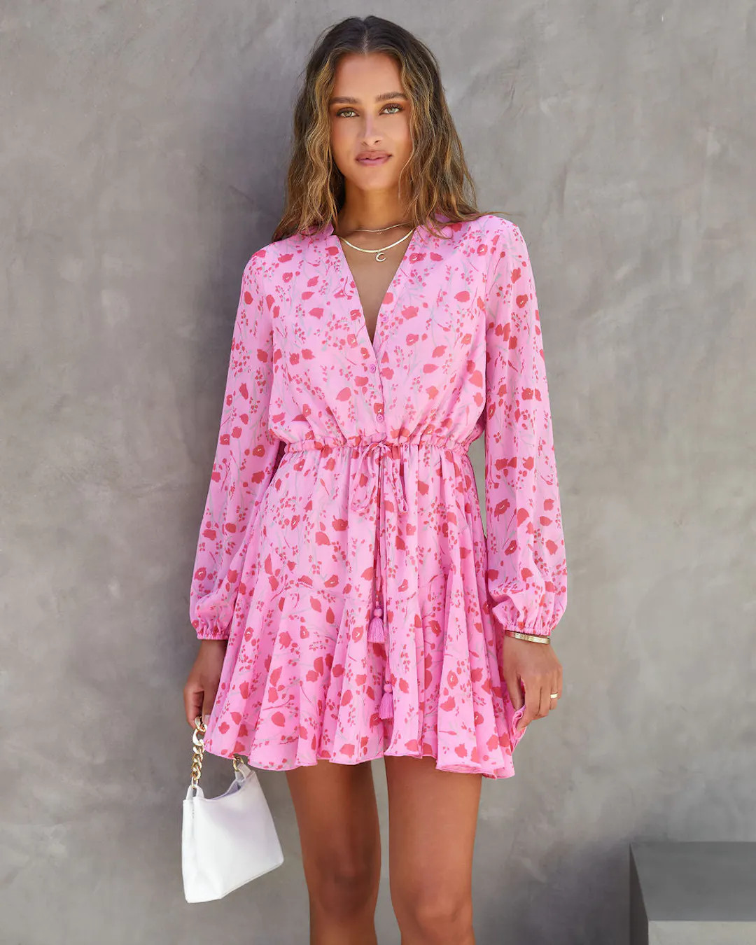 Sweet As Can Be Floral Chiffon Tassel Tie Mini Dress | VICI