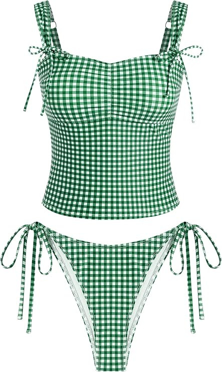 ZAFUL Women's Gingham Ruched Bowknot Decor Cinched Back Tankini Set Tummy Control 2 Piece Bikini ... | Amazon (US)