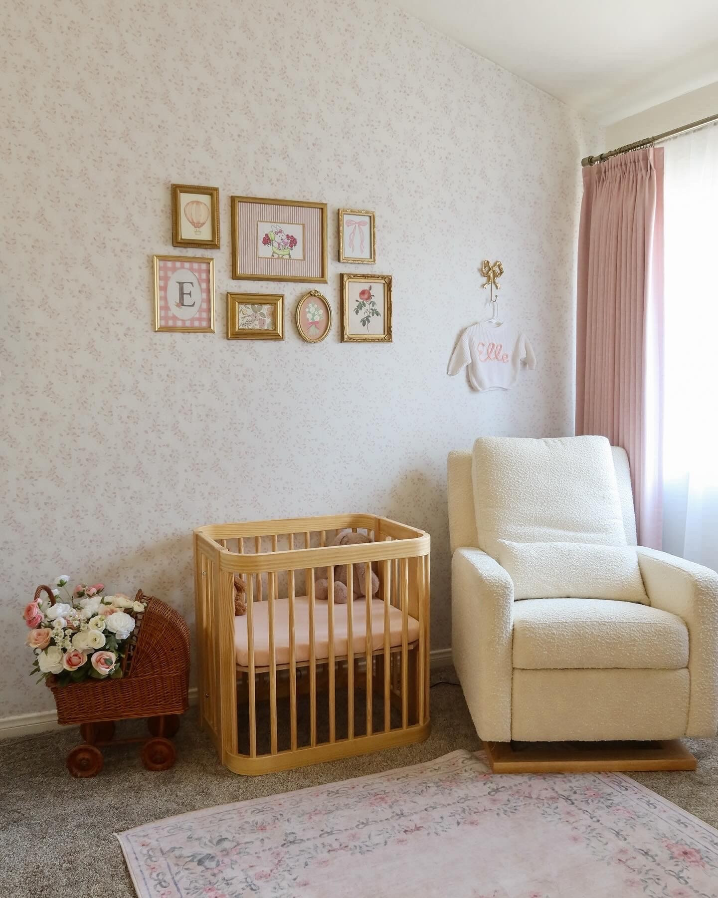Baby girl nursery | vintage pink rug, white lounge recliner chair, baby crib

#LTKHome #LTKBaby

#LTKHome #LTKBaby