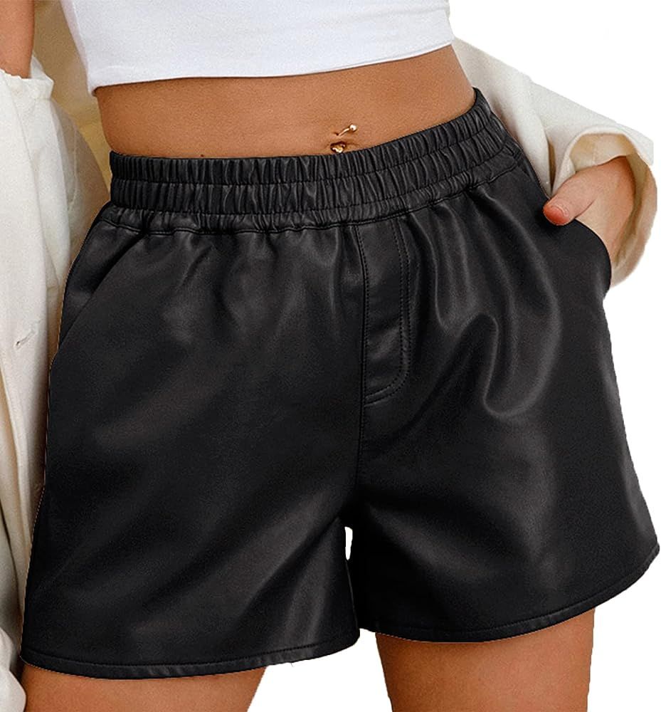Nhicdns Women's Faux Leather Shorts High Waisted Wide Leg Elastic with Pockets | Amazon (US)