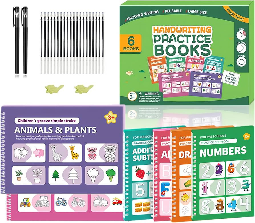 Magic Grooved Writing Practice Workbook Set–6 Books+2 Pen+20 Refills,Reusable Grooved Writing B... | Amazon (US)