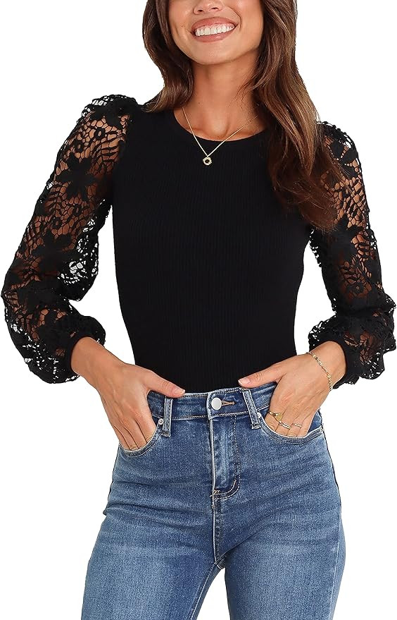 PRETTYGARDEN Women’s Lace Long Sleeve T Shirts Plain Elegant Slim Fit Tops Stretchy Crew Neck R... | Amazon (US)