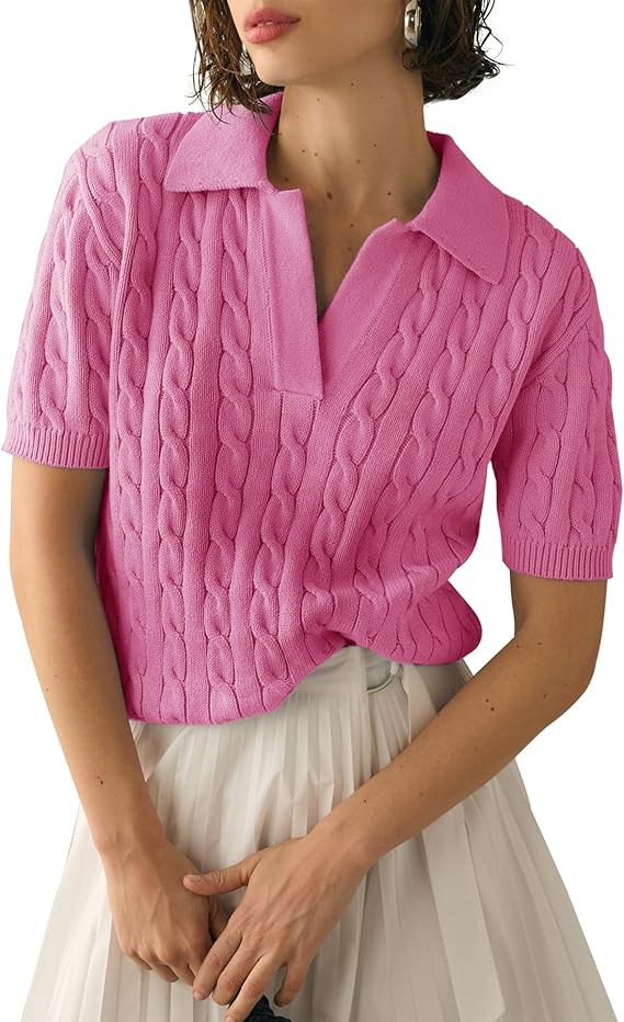 Imily Bela Women's Cable Short Sleeve Sweaters Tops Solid Lapel V Neck Knit Casual Soft Pullover ... | Amazon (US)