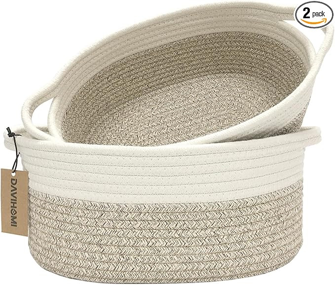 2PACK Oval Cotton Rope Storage Baskets (White Brown) for Bedroom, Living Room, Laundry Room & Mor... | Amazon (US)