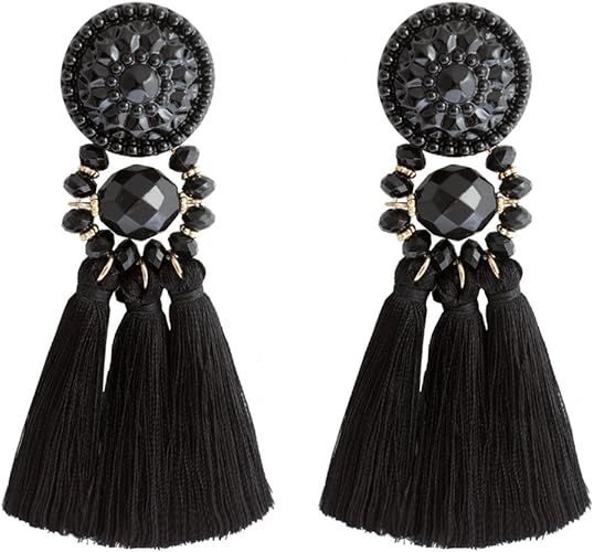 boderier Bohemian Statement Thread Tassel Chandelier Drop Dangle Earrings with Cassandra Button S... | Amazon (US)