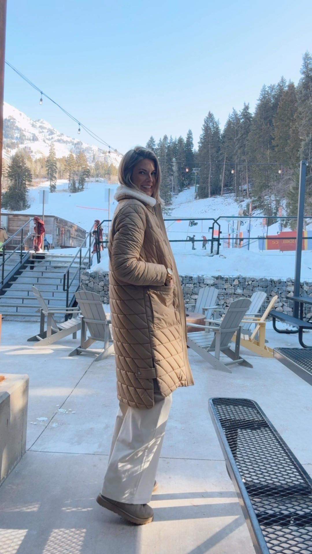 Apres ski!   Wearing small tops and small 32” elastic waist cords. Small jacket is > 70% off!  Boots true to size. Winter outfit. Ski style  

#LTKTravel #LTKOver40 #LTKootd