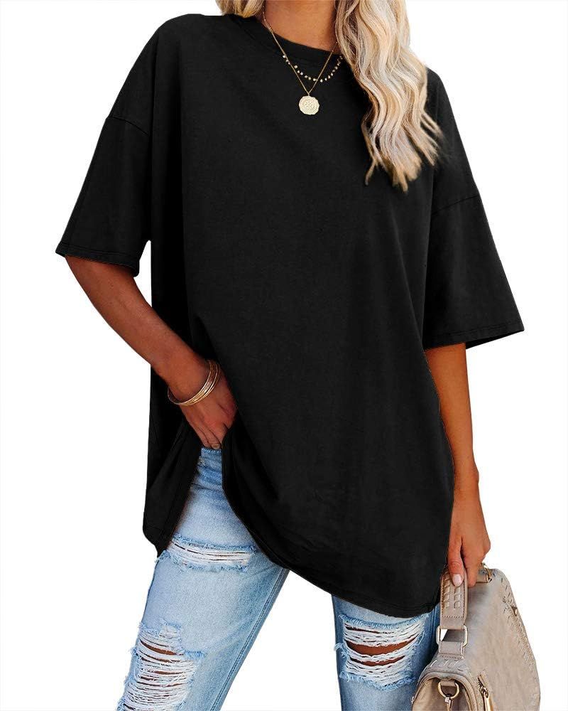 Fisoew Women's Oversized T Shirts Tees Half Sleeve Crew Neck Cotton Tunic Tops | Amazon (US)