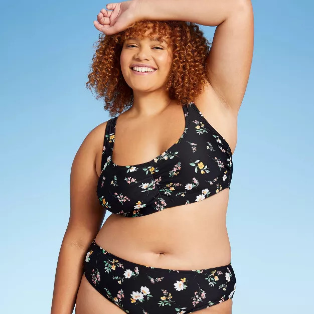Juniors' Cinch-Front Bralette Bikini Top - Xhilaration™ Black Floral Print | Target