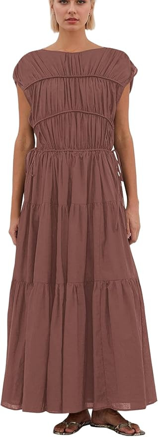 Women Pleated Ruched Tiered Maxi Dress Sleeveless Patchwork Ruffle Hem A Line Flowy Summer Elegan... | Amazon (US)