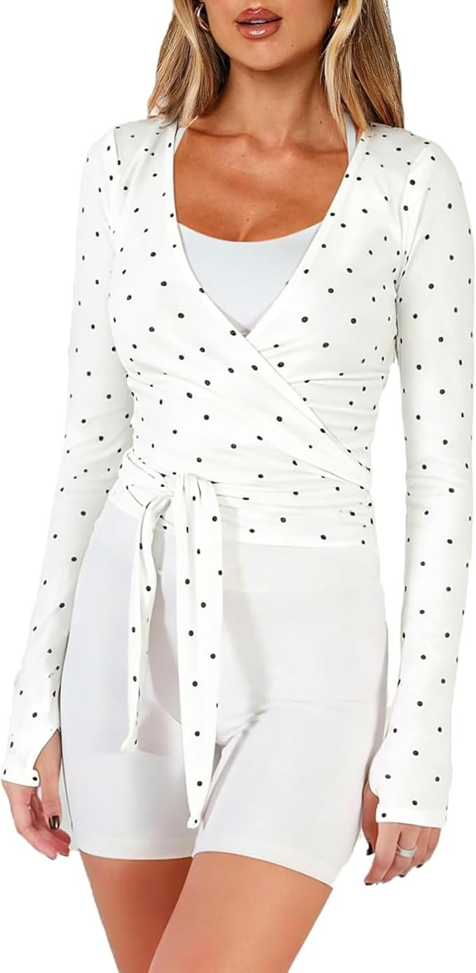 Women Wrap Top Y2K Stretchy Long Sleeve Deep V Neck Cross Tie Workout Ballet Blouse Thumb Hole Pi... | Amazon (US)