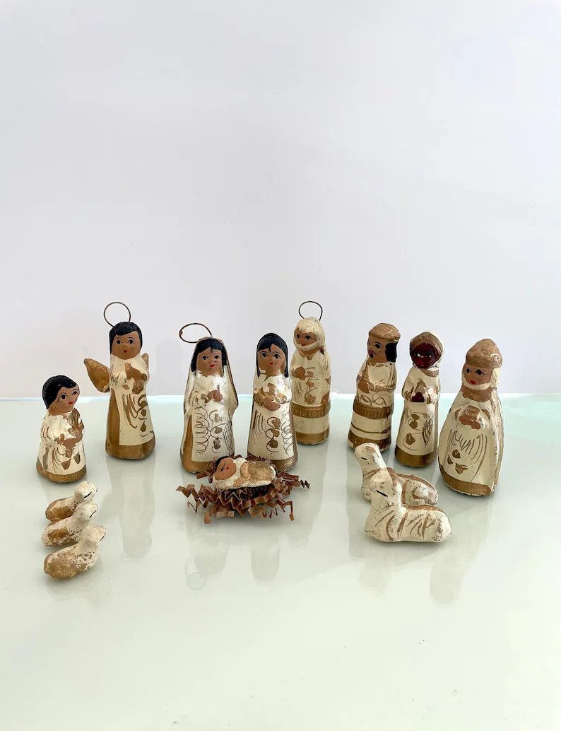 Vintage 14 Piece Mexican Clay Nativity Set Hand-painted - Etsy | Etsy (US)