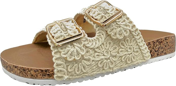 TruFox Women's Crochet Double Strap Flat Sandals Comfortable with Cork Molded Footbed | Amazon (US)