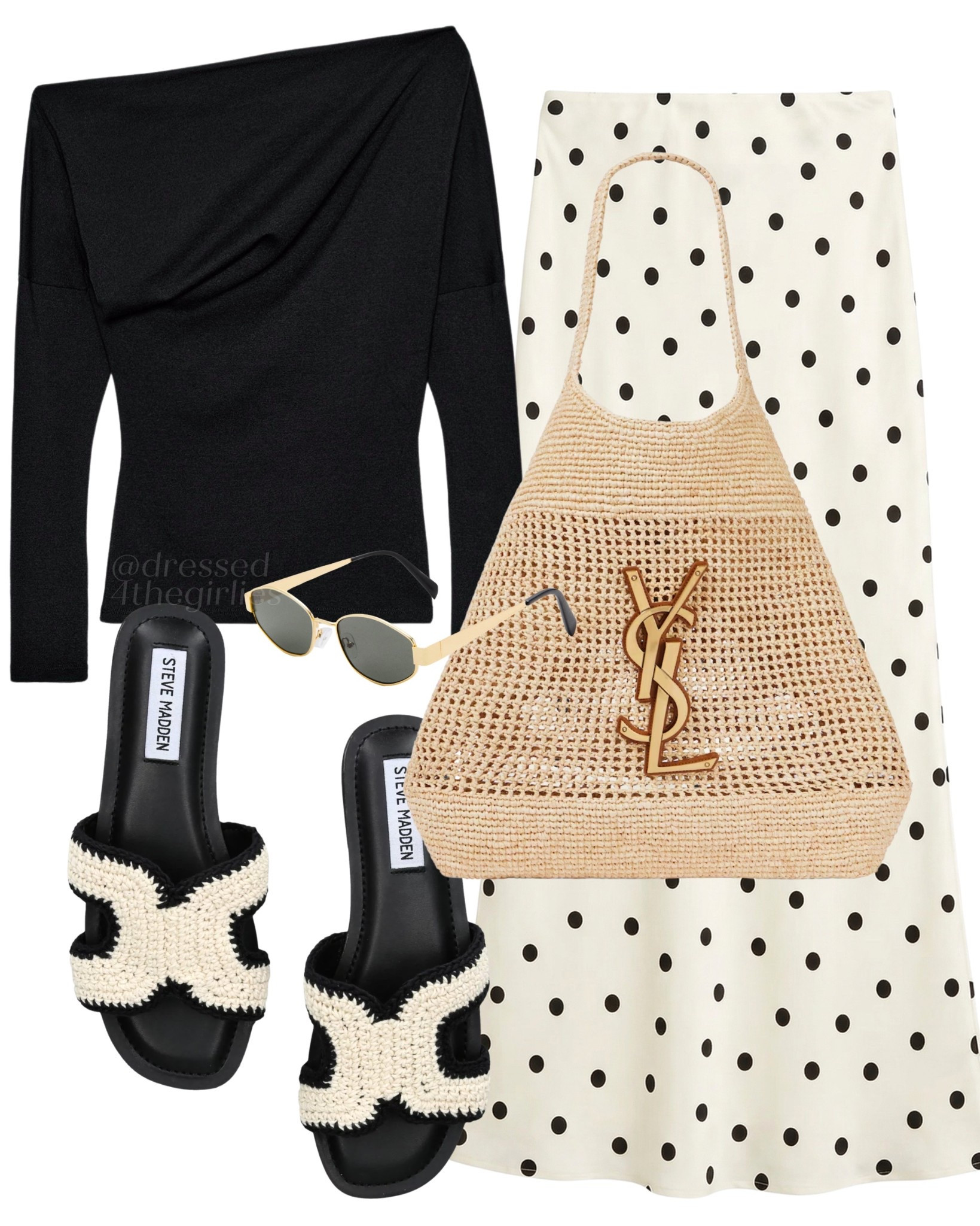 Polka dots in spring/summer🖤

Tags: black off shoulder long sleeve top, black sandals with gold detail, white polka dot maxi skirt outfit, raffia shoulder bag outfit, summer holiday outfit, summer vacation outfit, spring outfit 

#LTKuk #LTKeurope #LTKspring