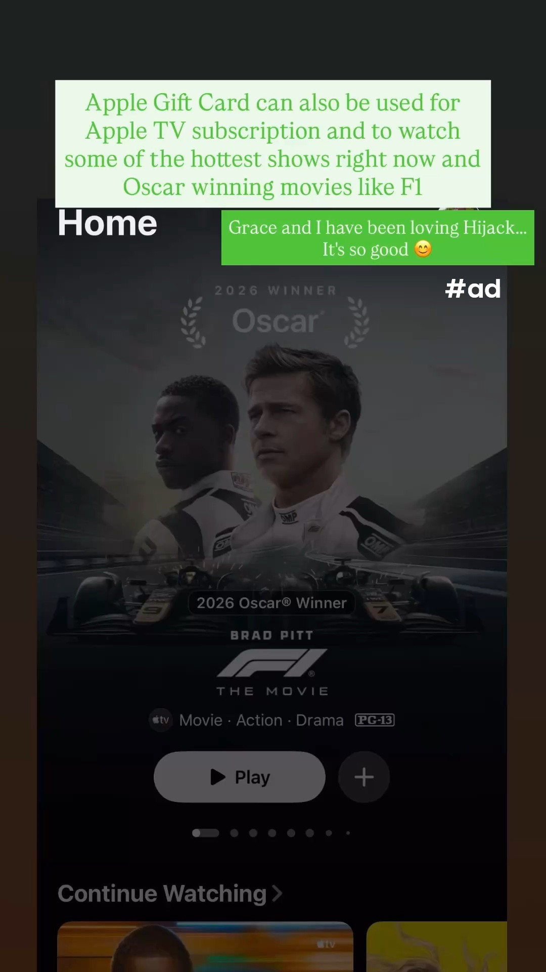 #ad Apple Gift Card can also be used for
Apple TV subscription and to watch some of the hottest shows right now and Oscar winning movies like F1 
Grace and I have been loving Hijack...
it's so good 😊 #TargetPartner @target #GiftCard #Target #AwardsSeason #WatchWithMe 

#LTKselfcare #LTKdayinmylife
