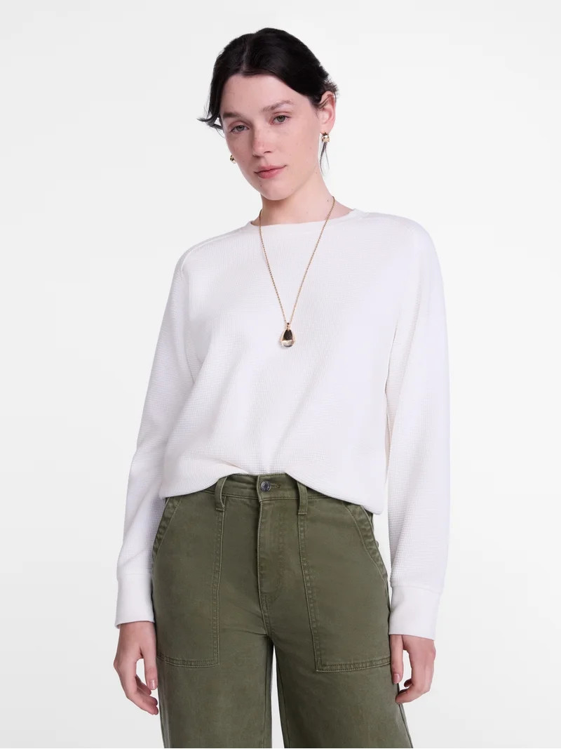 Scenario Women's Waffle Knit Crewneck Tee with Long Sleeves, Sizes XS-XXXL | Walmart (US)