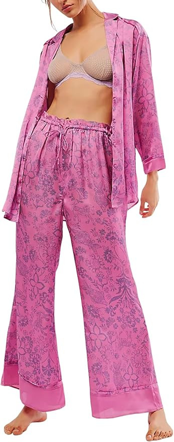 Yimoon Womens Satin Pajama Set Floral Silk Pajamas 2 Piece Cute Long Sleeve Button Down Pjs Sleep... | Amazon (US)