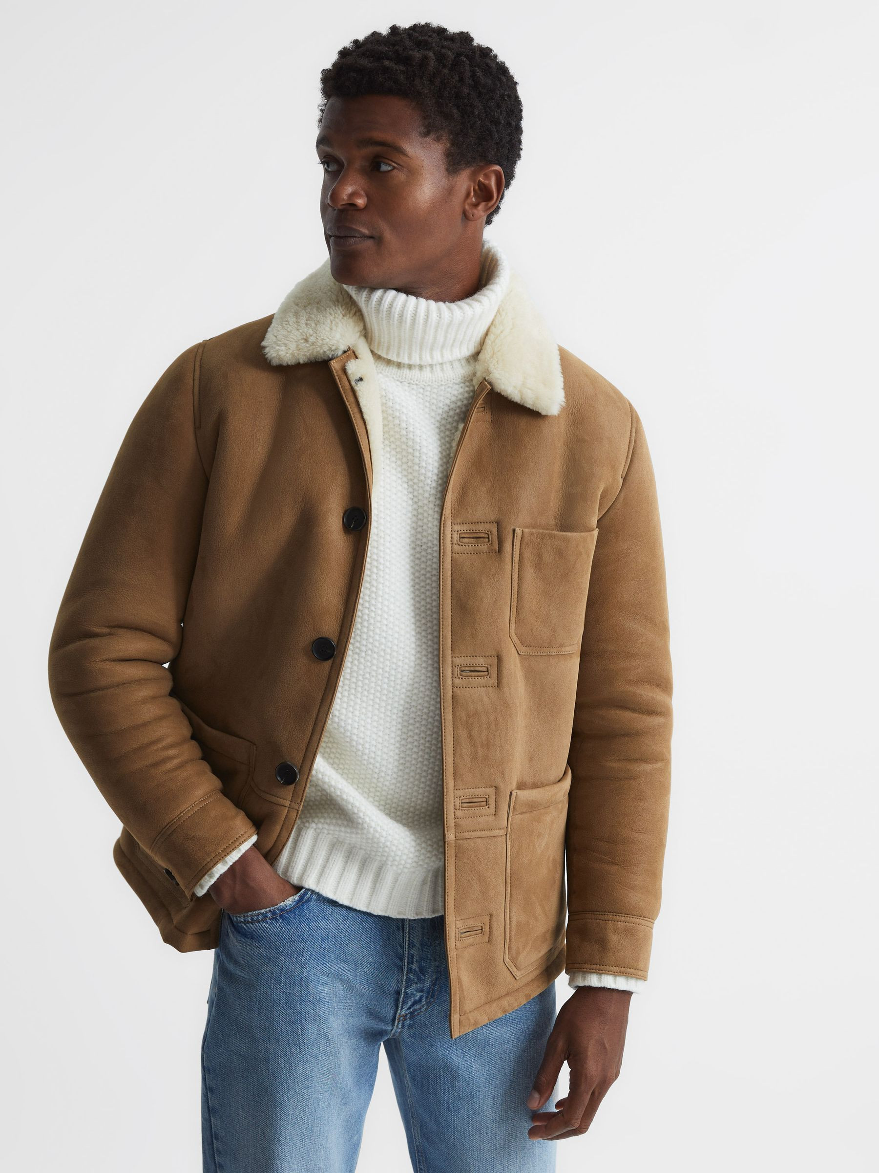 Reiss Shearling Jacket in Camel | REISS | Reiss US
